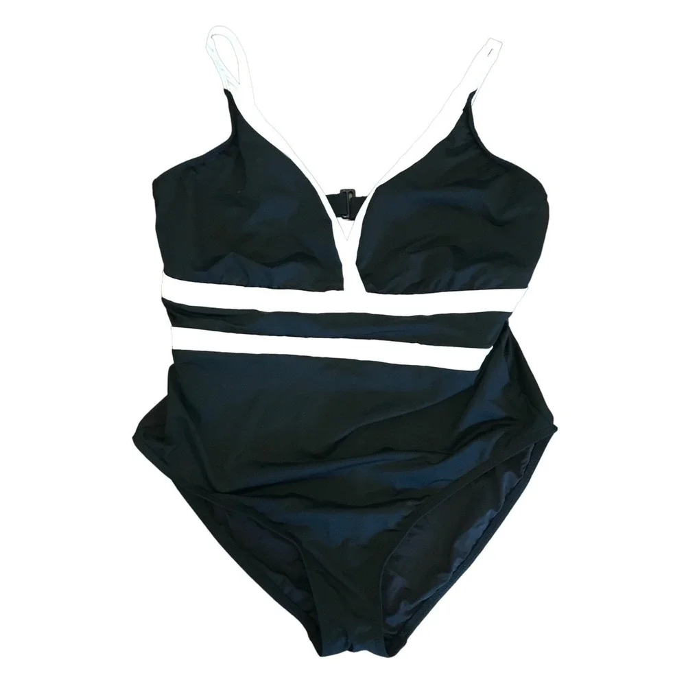 LA BLANCA Plus Size One Piece V Neck Tummy Control Swimsuit Black White Size 16W